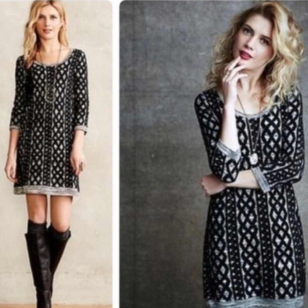 Moth Anthropologie Black White Geometric Knit Sweater Dress Size Medium 3/4